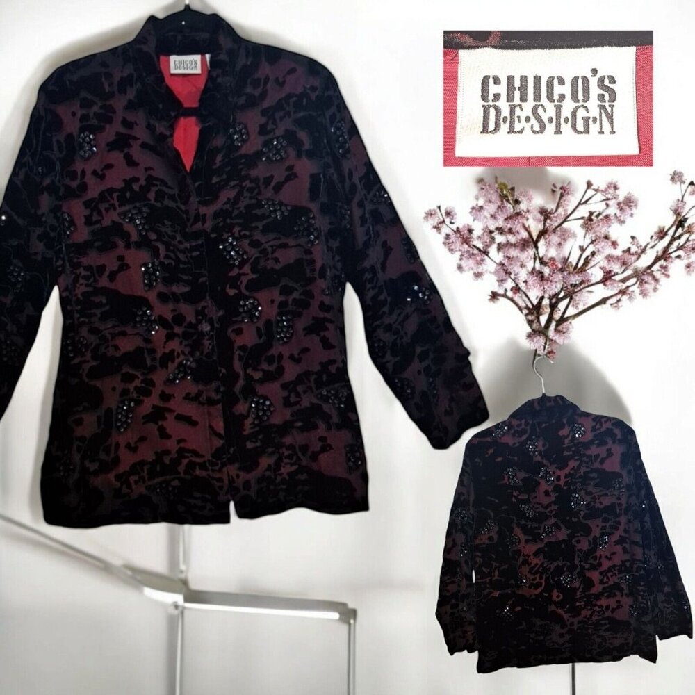 Chicos Velvet Burnout Shirt Jacket Med Silk Rayon Black Fairy Goth Abstract Red
